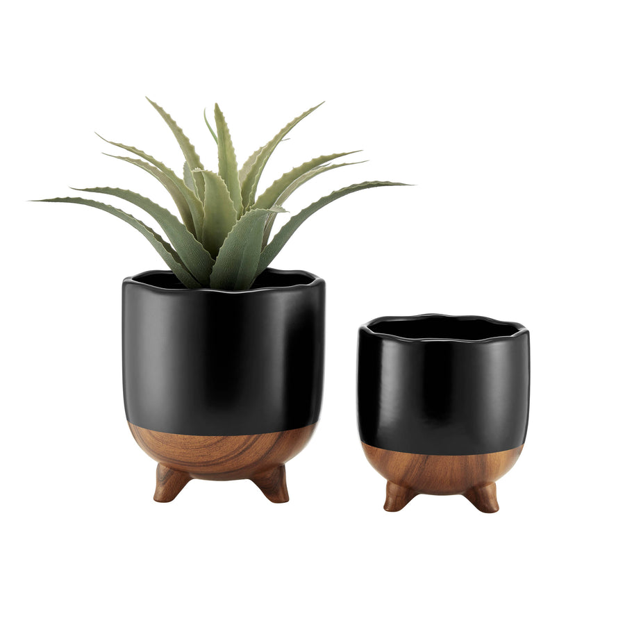 Milo Mortar Flower Pot Planter Set of 2 Black and Walnut