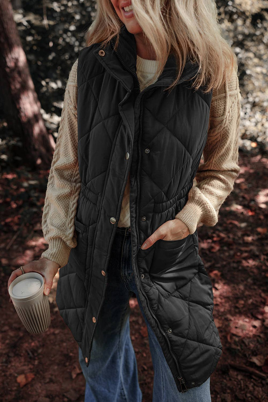 Longline Quilted Stand Collar Puffer Vest: Black