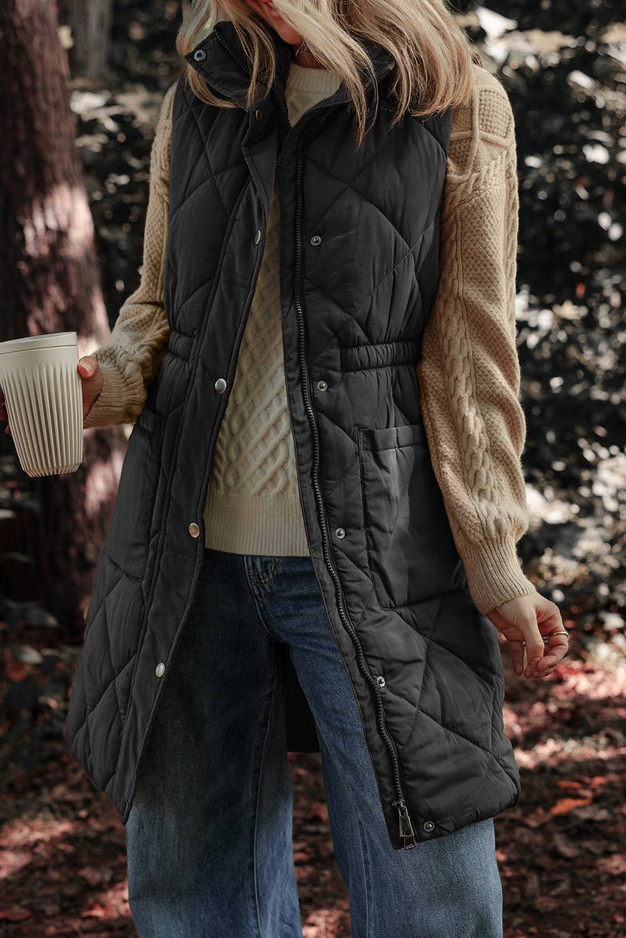Longline Quilted Stand Collar Puffer Vest: Black