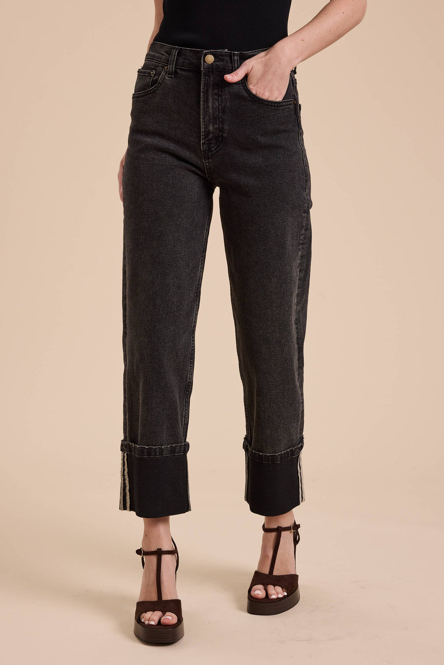 Cuffed Borrom Black Denim Pants