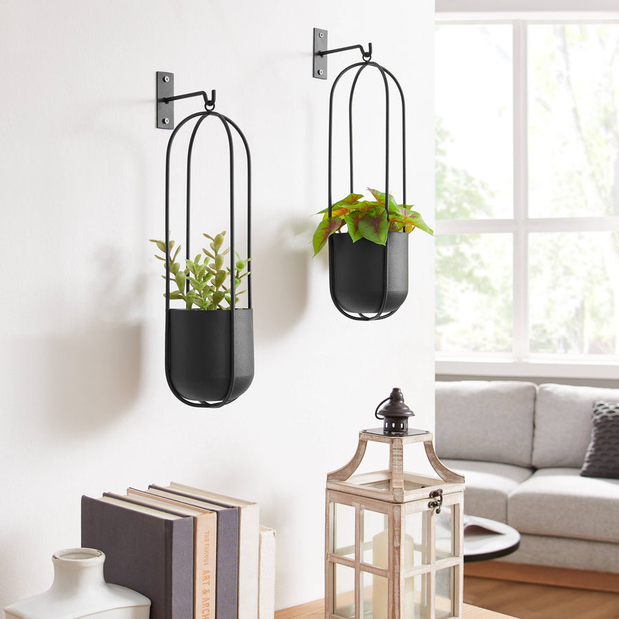 2-Piece Modern Black Oval Hanging Wall Planter Set