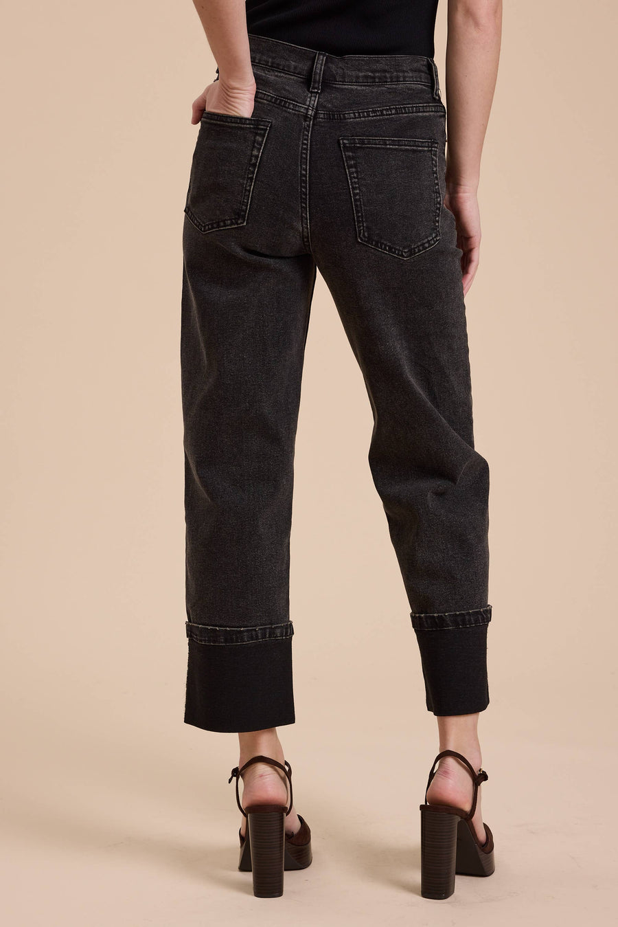 Cuffed Borrom Black Denim Pants