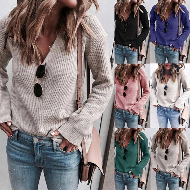 Sweetkama-V-Neck Long Sleeves Knit Top: Light Khaki