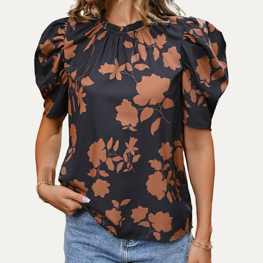 Cute Print Rounded Neck Keyhole Puff Short Sleeve Top