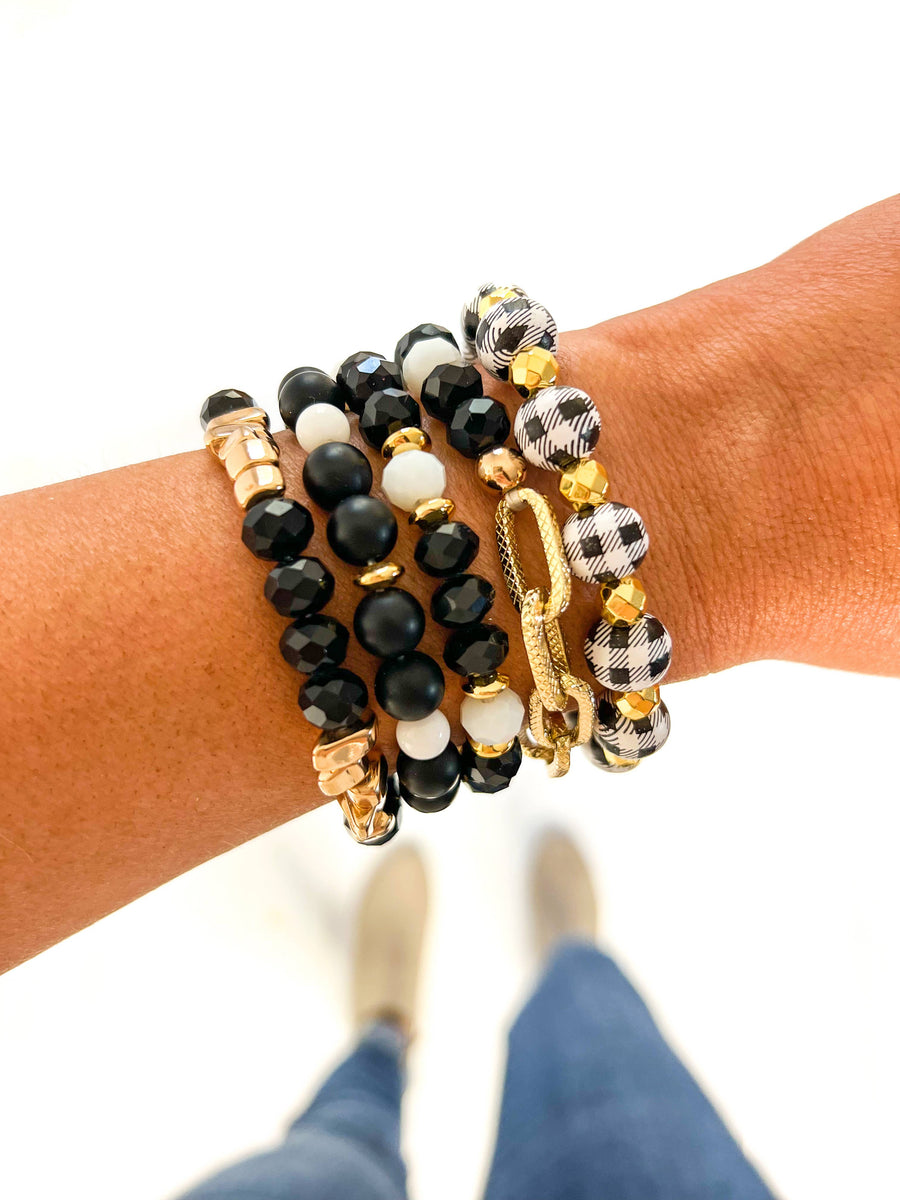 Savvy Bling - Buffalo Plaid Black & Gold Christmas Bracelet Stack