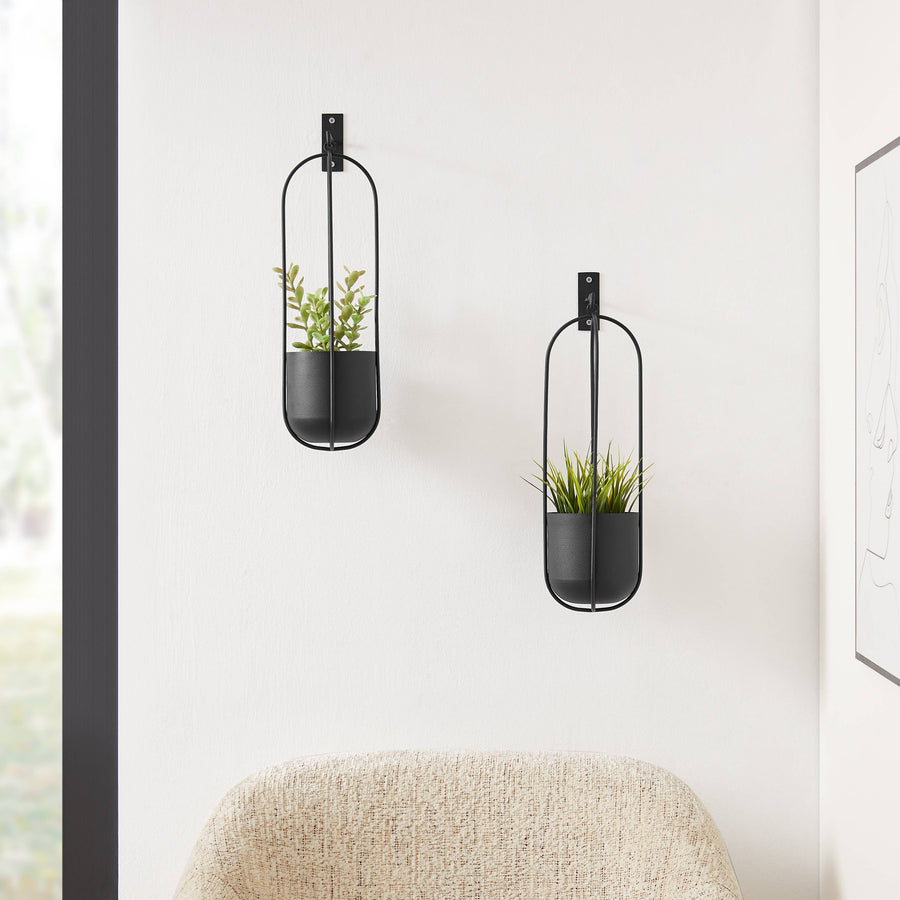 2-Piece Modern Black Oval Hanging Wall Planter Set