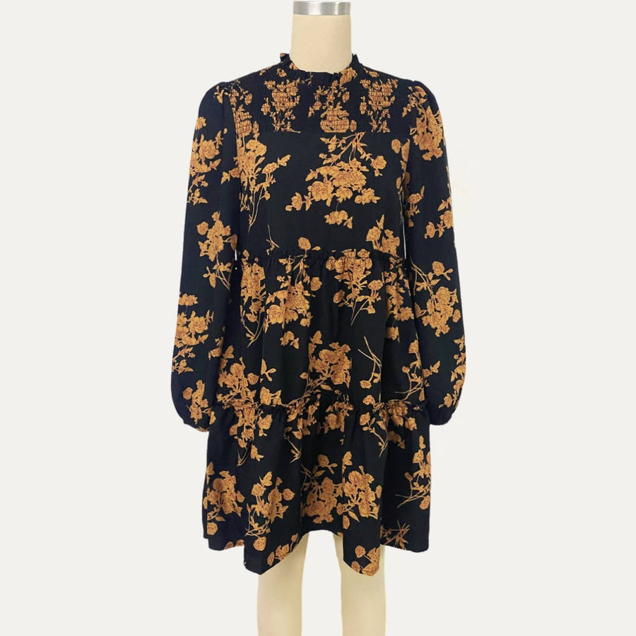Vintage Black Floral Long Sleeve Babydoll Mini Dress Large