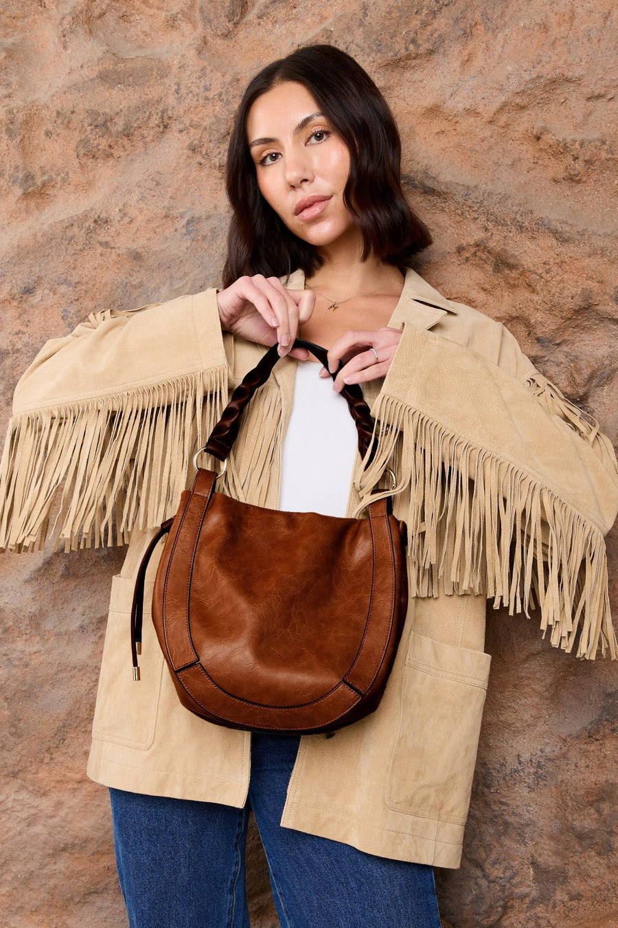 Jen & Co. - Rowan Paneled Hobo w/ Twisted Handle & Long Strap: Brown