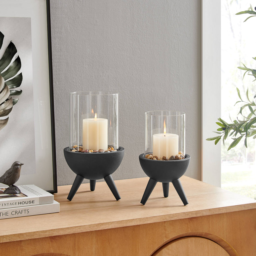 Molta Modern Black Metal Pedestal and Glass Candle Holder: Small