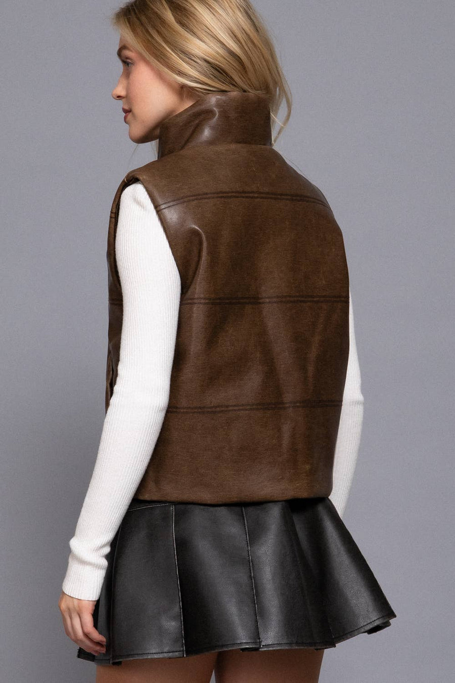 Wash Effect Faux Leather Vest: BRN-hazelnut