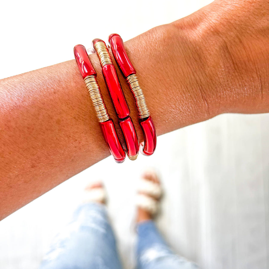 Savvy Bling - Small Christmas Red, Green, Acrylic Tube Bamboo Bracelet: Red Chucky Heishi
