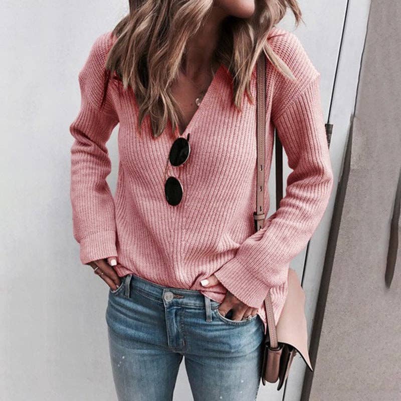 Sweetkama-V-Neck Long Sleeves Knit Top: Light Khaki