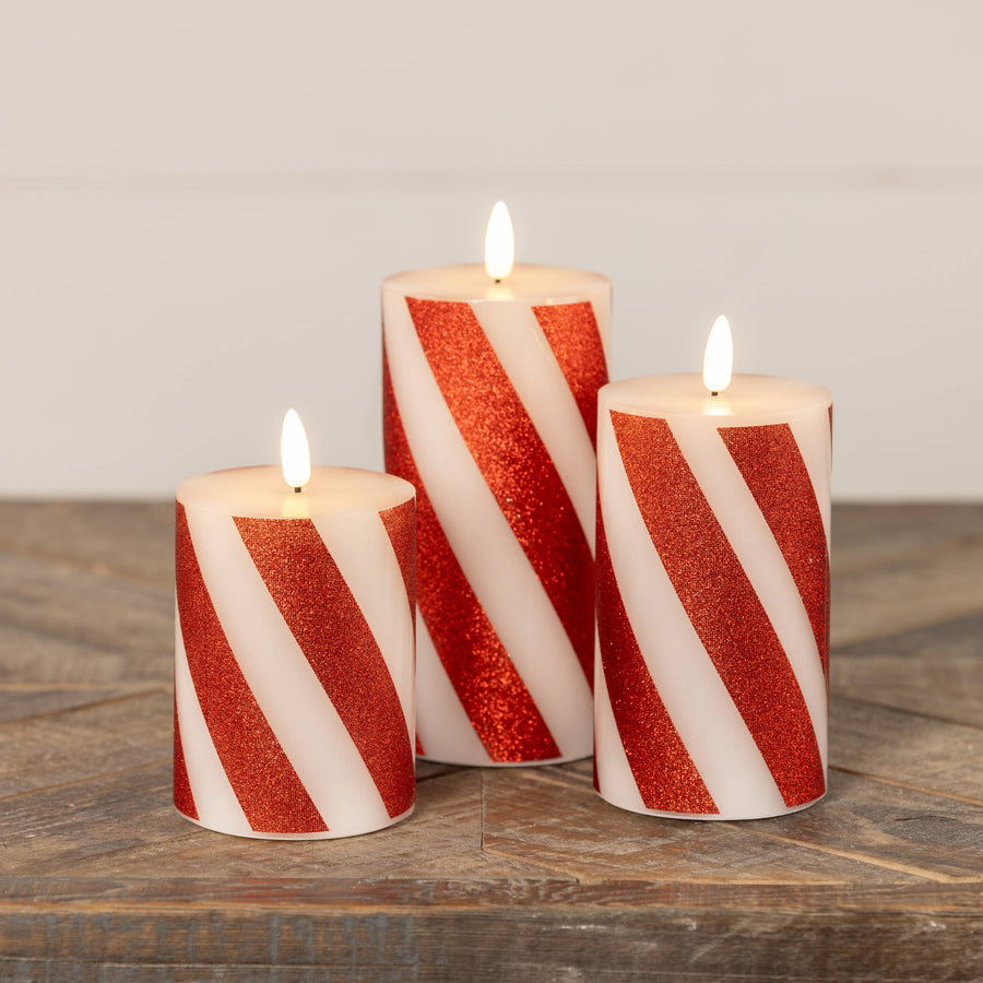 6" RED 3D FLAME CANDY CANE PILLAR CANDLE