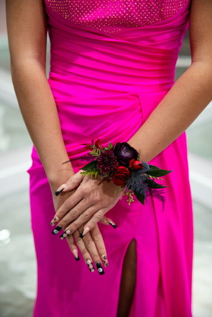 Homecoming Corsage:  Red and Purple "Moody" on Metal Cuff