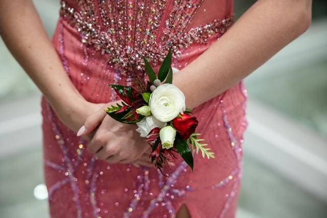 Prom Corsage:  Red/White Mix on Ribbon