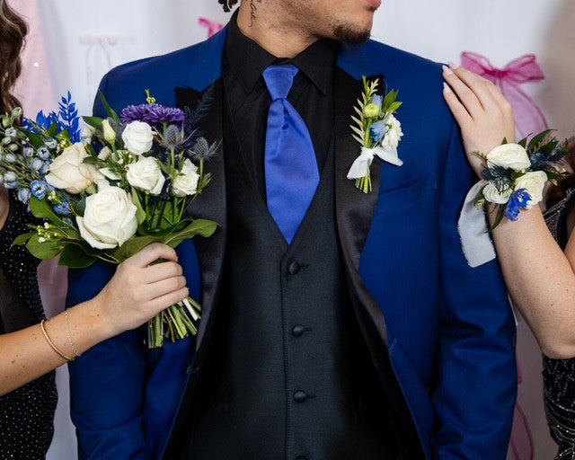 Prom Corsage:  Blue and White Mix on Ribbon