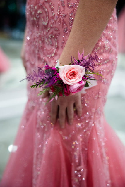 Prom Corsage:  Pink Mix on Ribbon