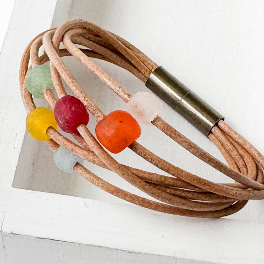 Nest Pretty Things - Natural Leather and Colorful Recycle Glass Beads: 7"