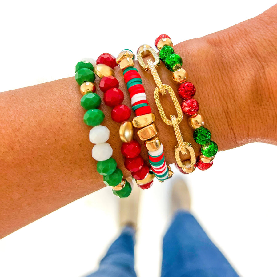 Savvy Bling - Christmas Red White Green Gold Bracelet Stack