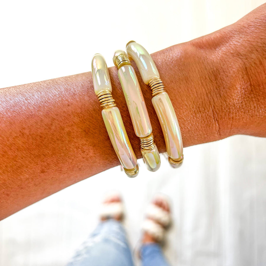 Savvy Bling - Metallic #27 Banana Cream Acrylic Tube Bamboo Bracelet