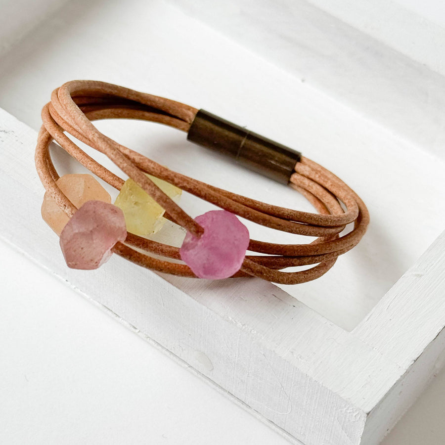 Nest Pretty Things - Natural Leather Bracelet with Pastel Recycled Glass Beads: 7"
