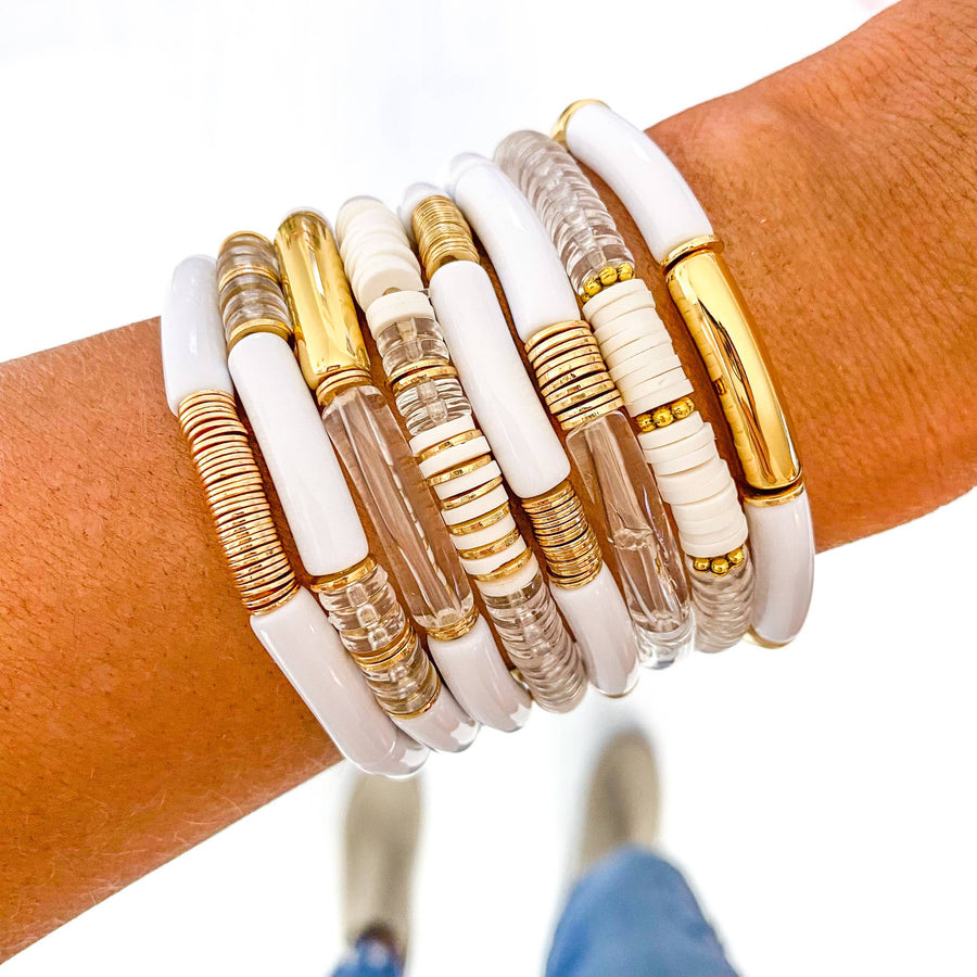 Savvy Bling - Small White Acrylic Tube Bamboo Bracelet